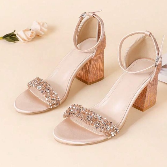 NIB Champagne Rose Gold Glitter Open Toe Chunky Mid Heel Sandals Sz 11 - Picture 3 of 5